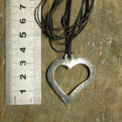 Open Heart Pendant Necklace, Hammered Curved Design, Handcast Pewter on Adjustable Waxed Cord