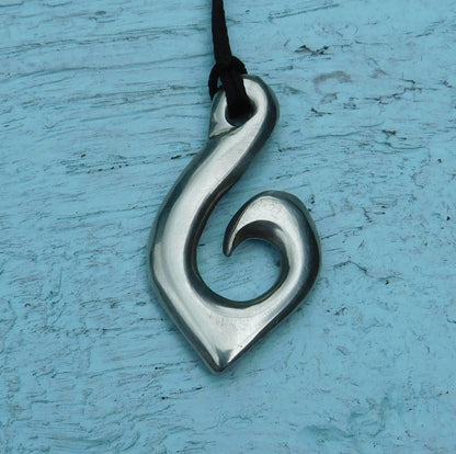 Maori Fish Hook Pendant Necklace (Pointed Design), Handcast Pewter Pendant on Adjustable Waxed Cord