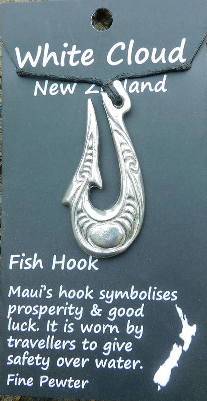 Maori Fish Hook Pendant Necklace (Pointed Design), Handcast Pewter Pendant on Adjustable Waxed Cord