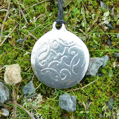 Celtic Pattern Disc Pendant Necklace, Handcast Pewter on Adjustable Waxed Cord