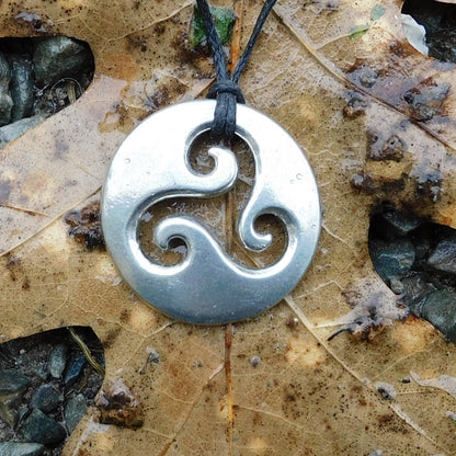 Triskele Pendant Necklace (Round), Handcast Pewter on Adjustable Waxed Cord