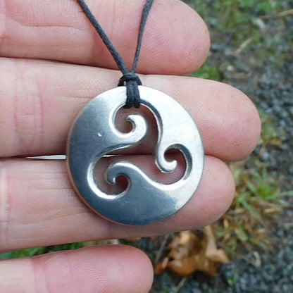 Triskele Pendant Necklace (Round), Handcast Pewter on Adjustable Waxed Cord