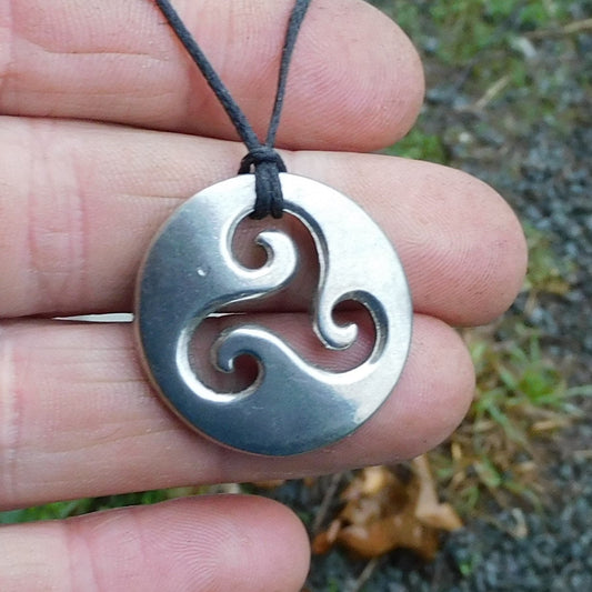 Triskele Pendant Necklace (Round), Handcast Pewter on Adjustable Waxed Cord