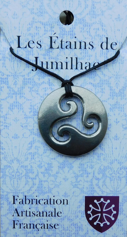 Triskele Pendant Necklace (Round), Handcast Pewter on Adjustable Waxed Cord