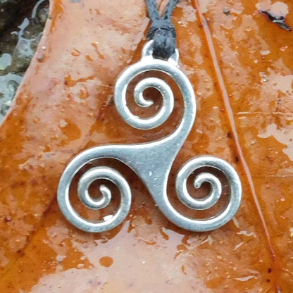 Triskele Pendant Necklace (Open Spiral Design), Handcast Pewter Pendant on Adjustable Waxed Cord