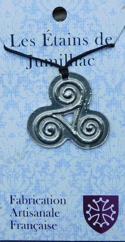 Triskele Pendant Necklace (Solid Spiral Design), Handcast Pewter Pendant on Adjustable Waxed Cord