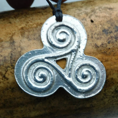 Triskele Pendant Necklace (Solid Spiral Design), Handcast Pewter Pendant on Adjustable Waxed Cord