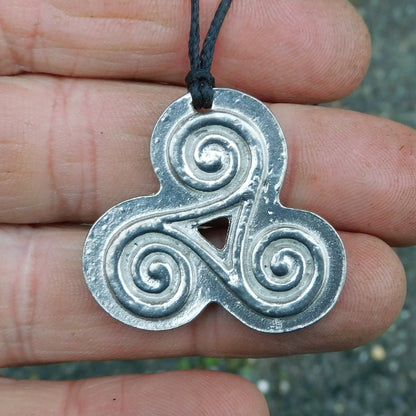 Triskele Pendant Necklace (Solid Spiral Design), Handcast Pewter Pendant on Adjustable Waxed Cord