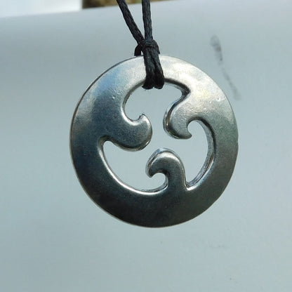 Triskele Disc Pendant Necklace, Handcast Pewter on Adjustable Waxed Cord