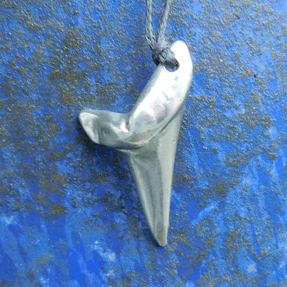 Shark Tooth Pendant Necklace, Handcast Pewter Pendant on Adjustable Waxed Cord