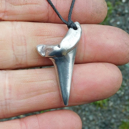 Shark Tooth Pendant Necklace, Handcast Pewter Pendant on Adjustable Waxed Cord