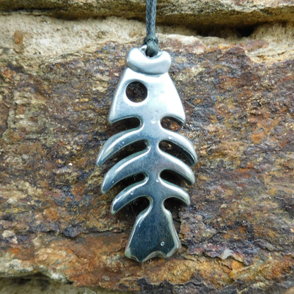 Fish Skeleton Pendant Necklace, Handcast Pewter Pendant on Adjustable Waxed Cord