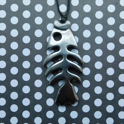 Fish Skeleton Pendant Necklace, Handcast Pewter Pendant on Adjustable Waxed Cord