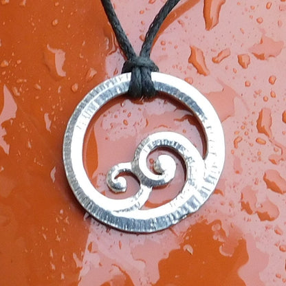 Koru Circle Pendant Necklace, Inner Spiral Design, Handcast Pewter on Adjustable Waxed Cord