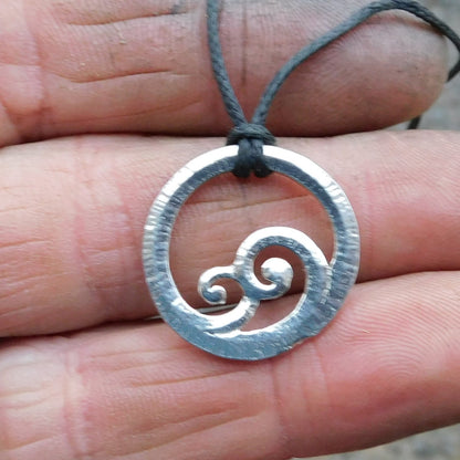 Koru Circle Pendant Necklace, Inner Spiral Design, Handcast Pewter on Adjustable Waxed Cord