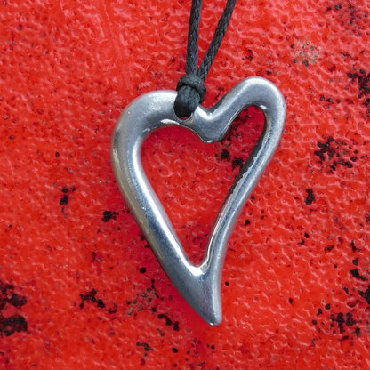 Heart Pendant Necklace, Open Heart Design, Handcast Pewter on Adjustable Waxed Cord