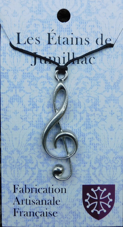 Treble Clef Pendant Necklace, Handcast Pewter on Adjustable Waxed Cord