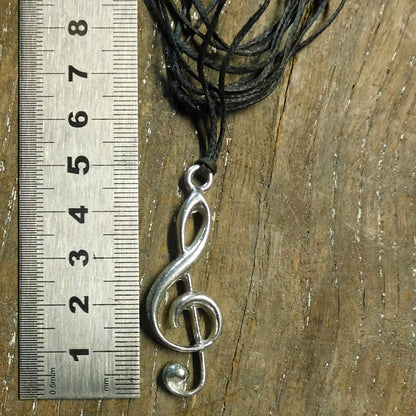 Treble Clef Pendant Necklace, Handcast Pewter on Adjustable Waxed Cord