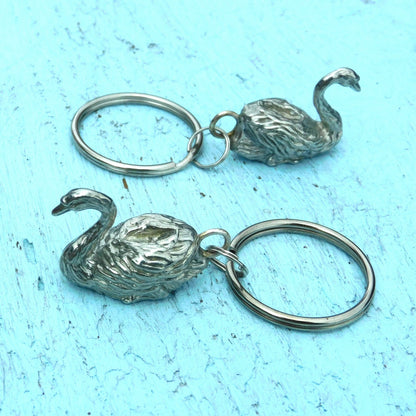Pair of Swan Pewter Keyrings, Matching Couple Keychains, Handmade Polished Pewter
