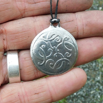 Celtic Pattern Disc Pendant Necklace, Handcast Pewter on Adjustable Waxed Cord