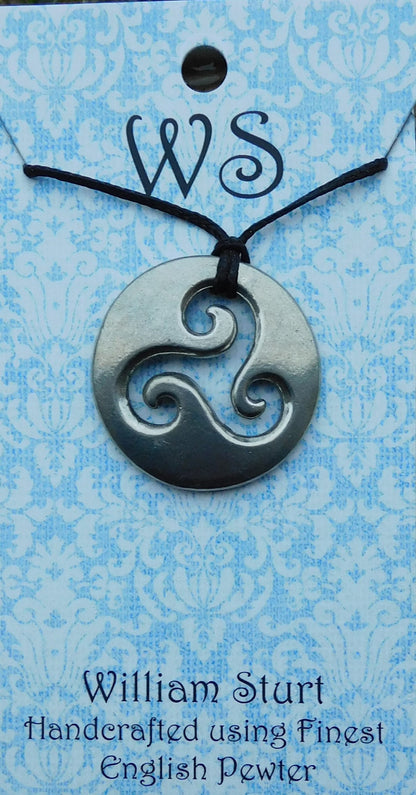 Triskele Pendant Necklace (Round), Handcast Pewter on Adjustable Waxed Cord