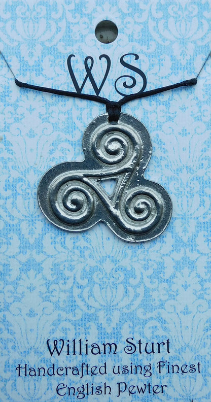 Triskele Pendant Necklace (Solid Spiral Design), Handcast Pewter Pendant on Adjustable Waxed Cord
