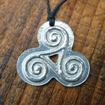 Triskele Pendant Necklace (Solid Spiral Design), Handcast Pewter Pendant on Adjustable Waxed Cord