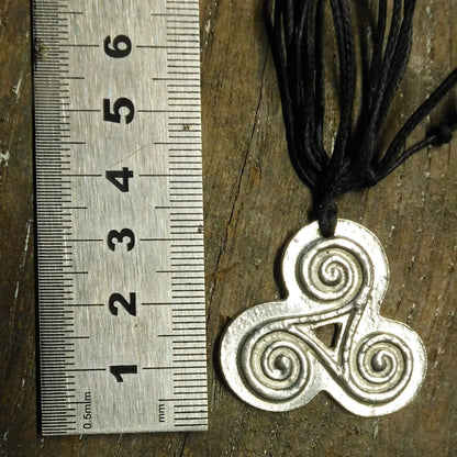 Triskele Pendant Necklace (Solid Spiral Design), Handcast Pewter Pendant on Adjustable Waxed Cord
