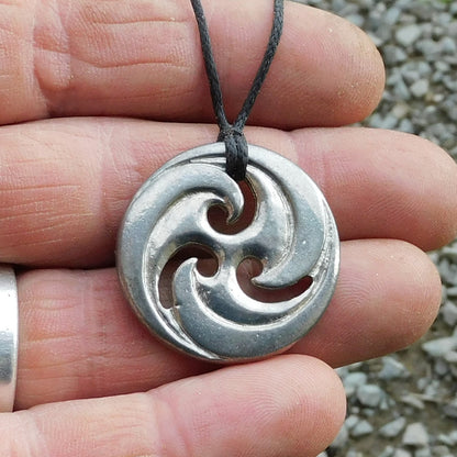 Triskele Pendant Necklace, Rounded Design, Handcast Pewter on Adjustable Waxed Cord