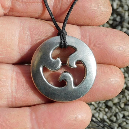 Triskele Disc Pendant Necklace, Handcast Pewter on Adjustable Waxed Cord