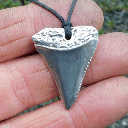 Great White Shark Tooth Pendant, Cast from Real Tooth in Handcast Pewter on Adjustable Waxed Cord