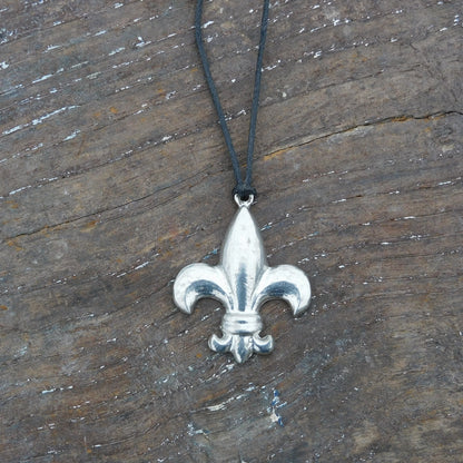 Fleur-de-Lys Pendant Necklace, Handcast Pewter on Adjustable Waxed Cord
