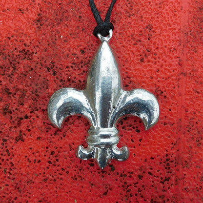 Fleur-de-Lys Pendant Necklace, Handcast Pewter on Adjustable Waxed Cord