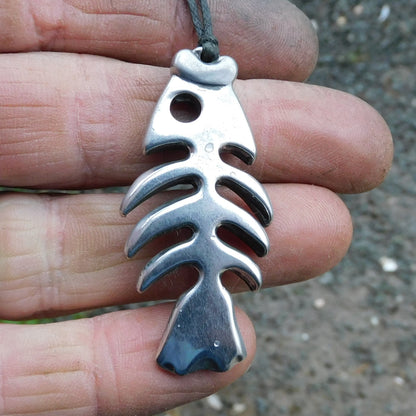 Fish Skeleton Pendant Necklace, Handcast Pewter Pendant on Adjustable Waxed Cord