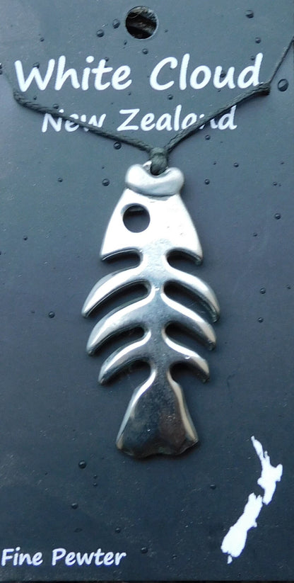 Fish Skeleton Pendant Necklace, Handcast Pewter Pendant on Adjustable Waxed Cord