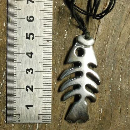 Fish Skeleton Pendant Necklace, Handcast Pewter Pendant on Adjustable Waxed Cord