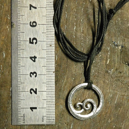 Koru Circle Pendant Necklace, Inner Spiral Design, Handcast Pewter on Adjustable Waxed Cord