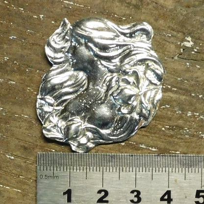 Art Nouveau Girl Brooch, Handcast Pewter, Polished Finish