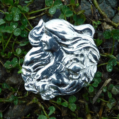 Art Nouveau Girl Brooch, Handcast Pewter, Polished Finish