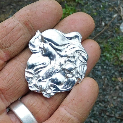 Art Nouveau Girl Brooch, Handcast Pewter, Polished Finish