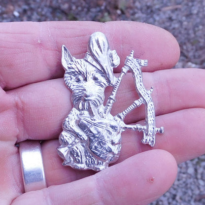 Scottish Terrier with Bagpipes Brooch, Handcast Pewter, Polished Finish