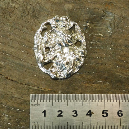 Art Nouveau Girl With Flowers Brooch, Handcast Pewter, Polished Finish