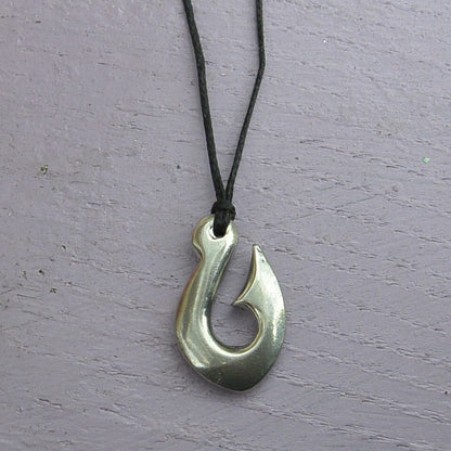Maori Fish Hook Pendant Necklace (Small), Handcast Pewter Pendant on Adjustable Waxed Cord