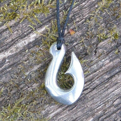 Maori Fish Hook Pendant Necklace (Small), Handcast Pewter Pendant on Adjustable Waxed Cord