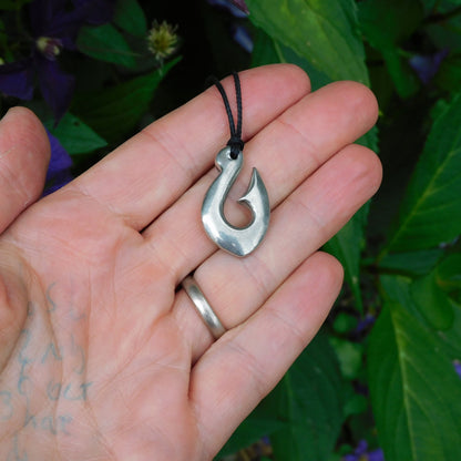 Maori Fish Hook Pendant Necklace (Small), Handcast Pewter Pendant on Adjustable Waxed Cord