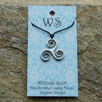 Triskele Pendant Necklace (Open Spiral Design), Handcast Pewter Pendant on Adjustable Waxed Cord