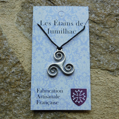 Triskele Pendant Necklace (Open Spiral Design), Handcast Pewter Pendant on Adjustable Waxed Cord