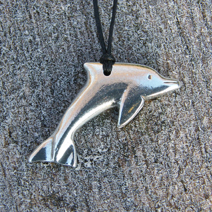 Dolphin Pendant Necklace, Handcast Pewter on Adjustable Waxed Cord