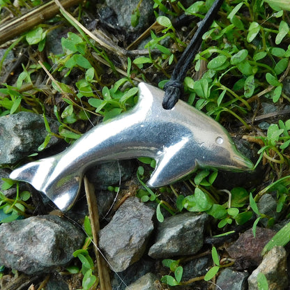 Dolphin Pendant Necklace, Handcast Pewter on Adjustable Waxed Cord