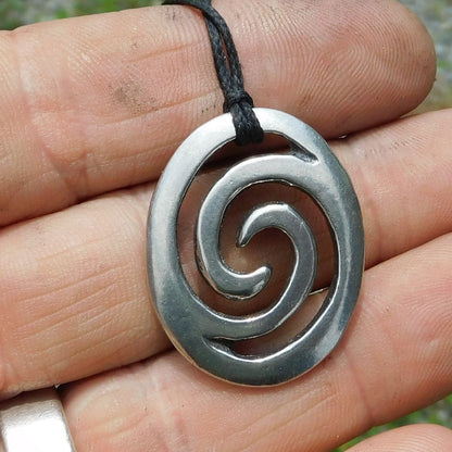 Oval Wave Pendant Necklace, Handcast Pewter on Adjustable Waxed Cord